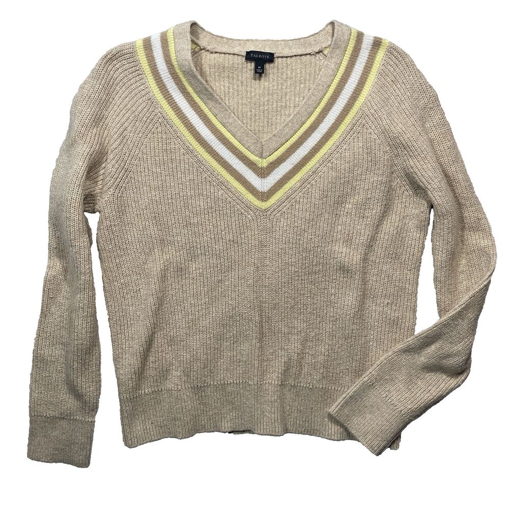 Talbots Preppy Striped V-Neck Sweater Womens Medium Beige Textured Knit Pullover